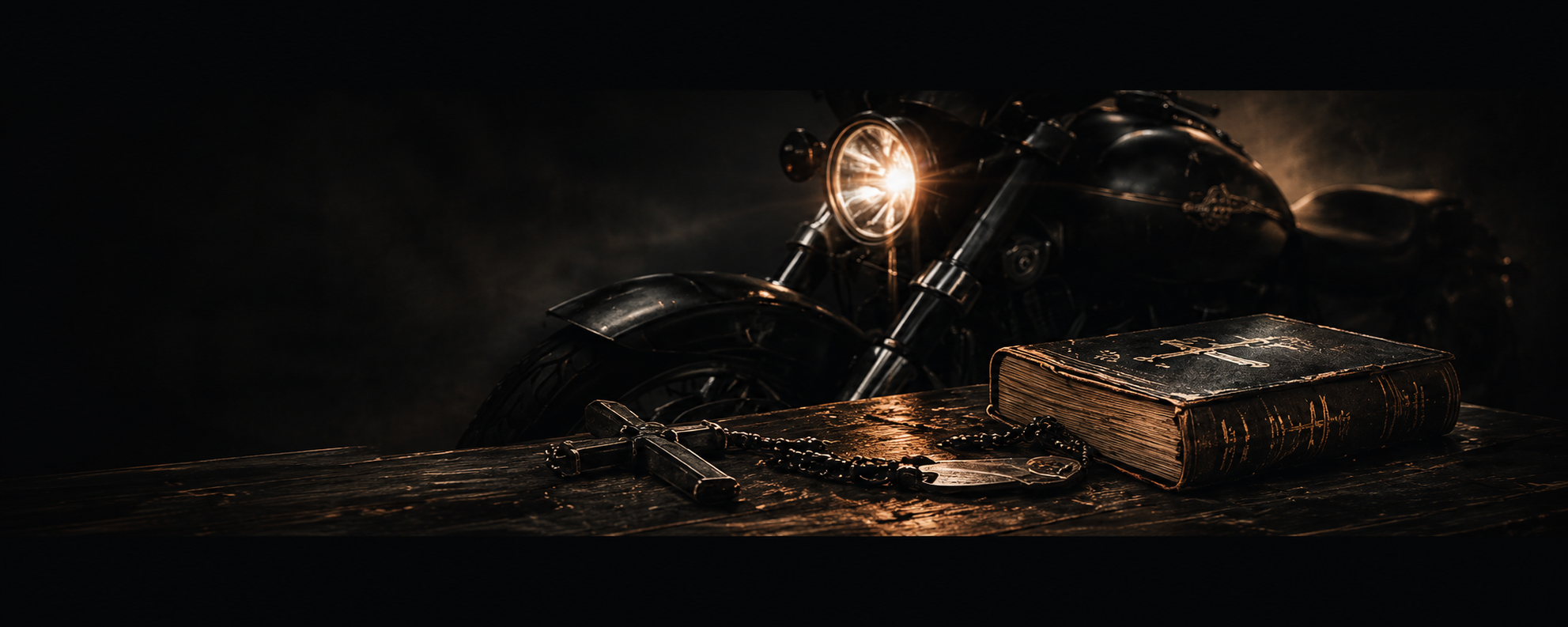 Motorcycle headlight with Bible and rosary